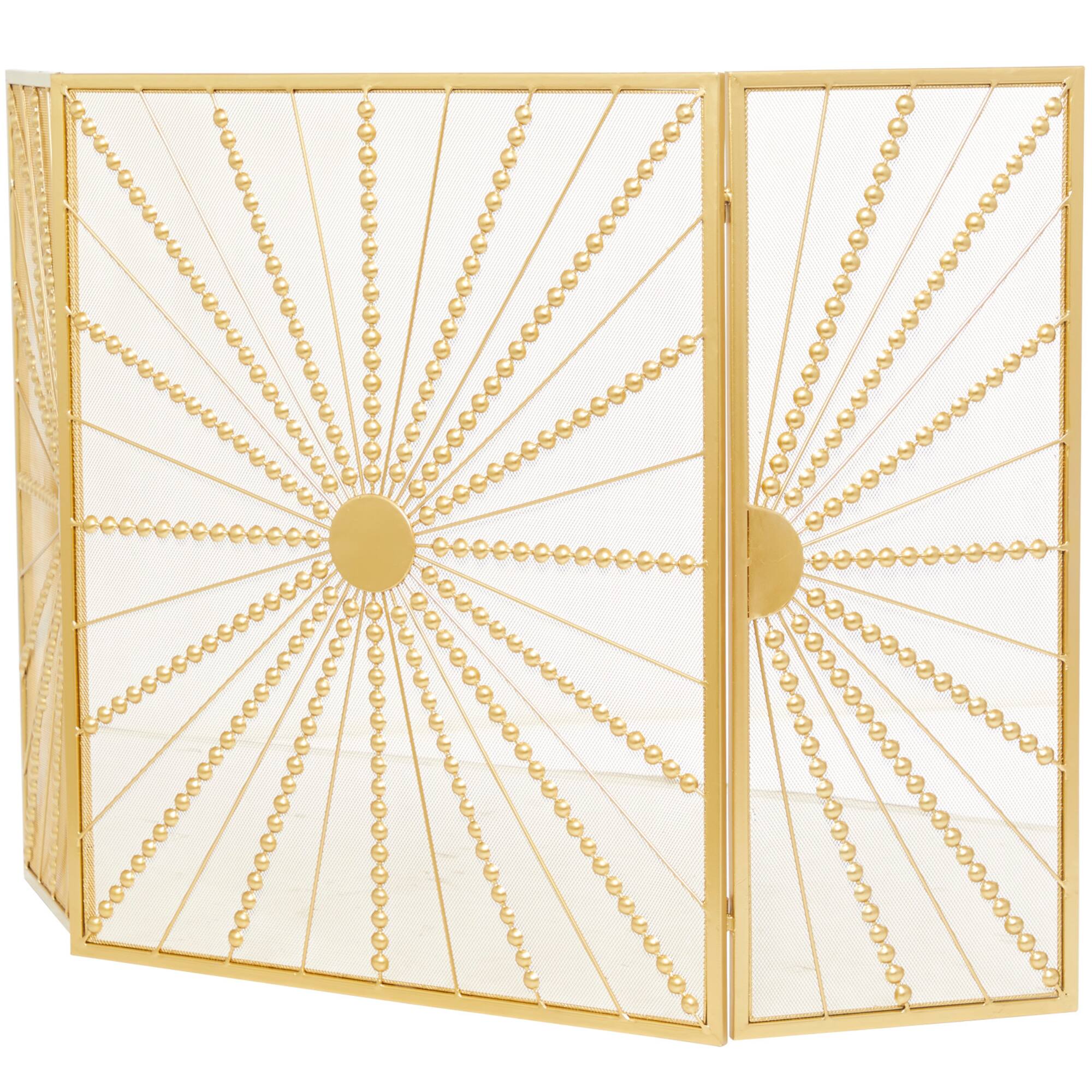 Gold Metal Foldable 3-Panel Starburst Fireplace Screen with Bead Inspired Rays